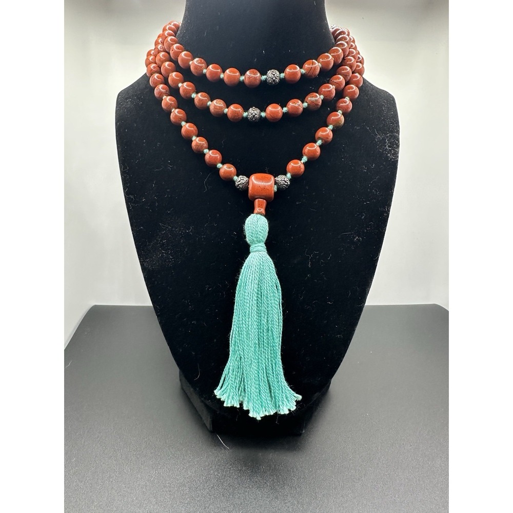 Vintage Red Jasper Mala Necklace - 108 Beads - Ornate Metal Spacers - Meditation